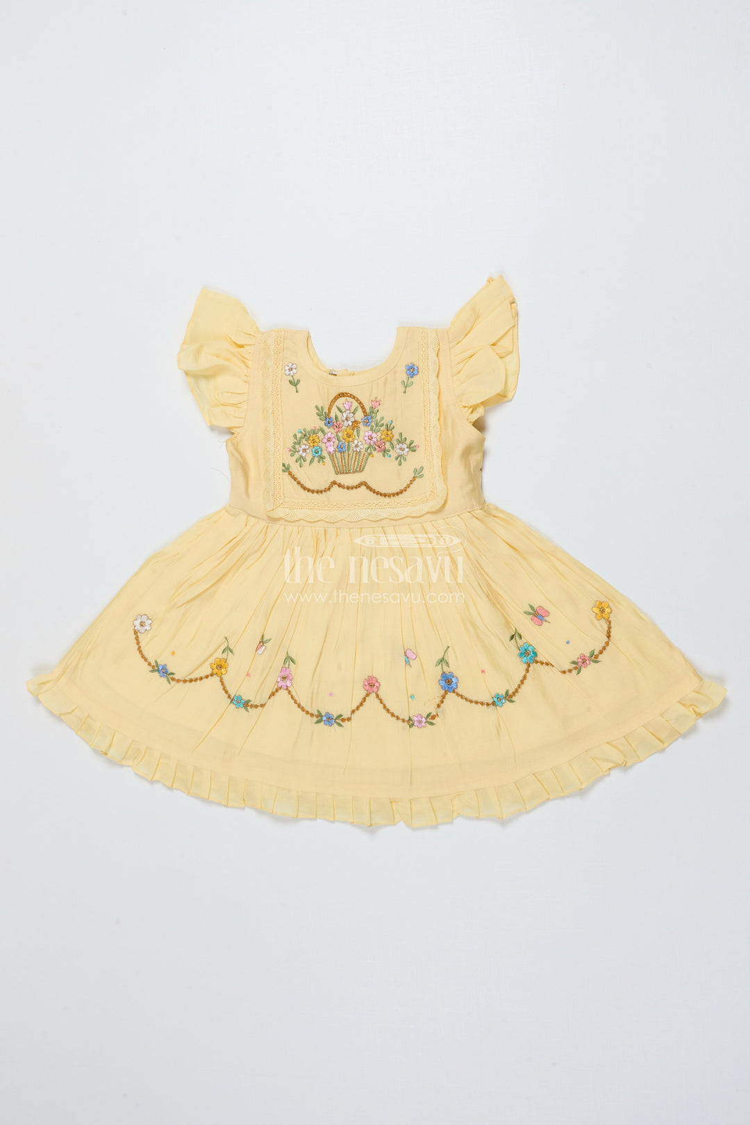 The Nesavu Girls Chanderi Frock Baby Girl Chanderi Frock with Floral Embroidery for Naming Ceremony Nesavu 16 (1Y) / Yellow GFC2012A-16 Nesavu baby girl chanderi frock floral embroidery naming ceremony festive wear