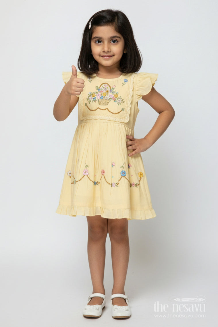 The Nesavu Girls Chanderi Frock Baby Girl Chanderi Frock with Floral Embroidery for Naming Ceremony Nesavu 16 (1Y) / Yellow GFC2012A-16 Nesavu baby girl chanderi frock floral embroidery naming ceremony festive wear