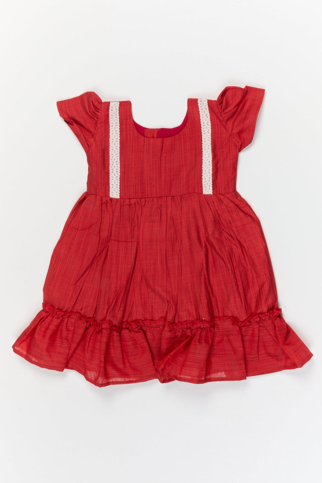 The Nesavu Girls Chanderi Frock Baby Girl Chanderi Frock with Lace Detailing for Casual Festive Moments Nesavu 10 (NB) / Red / Chanderi GFC2095A-10 Nesavu baby girl chanderi cotton frock with lace and ruffle hem for festive and everyday wear
