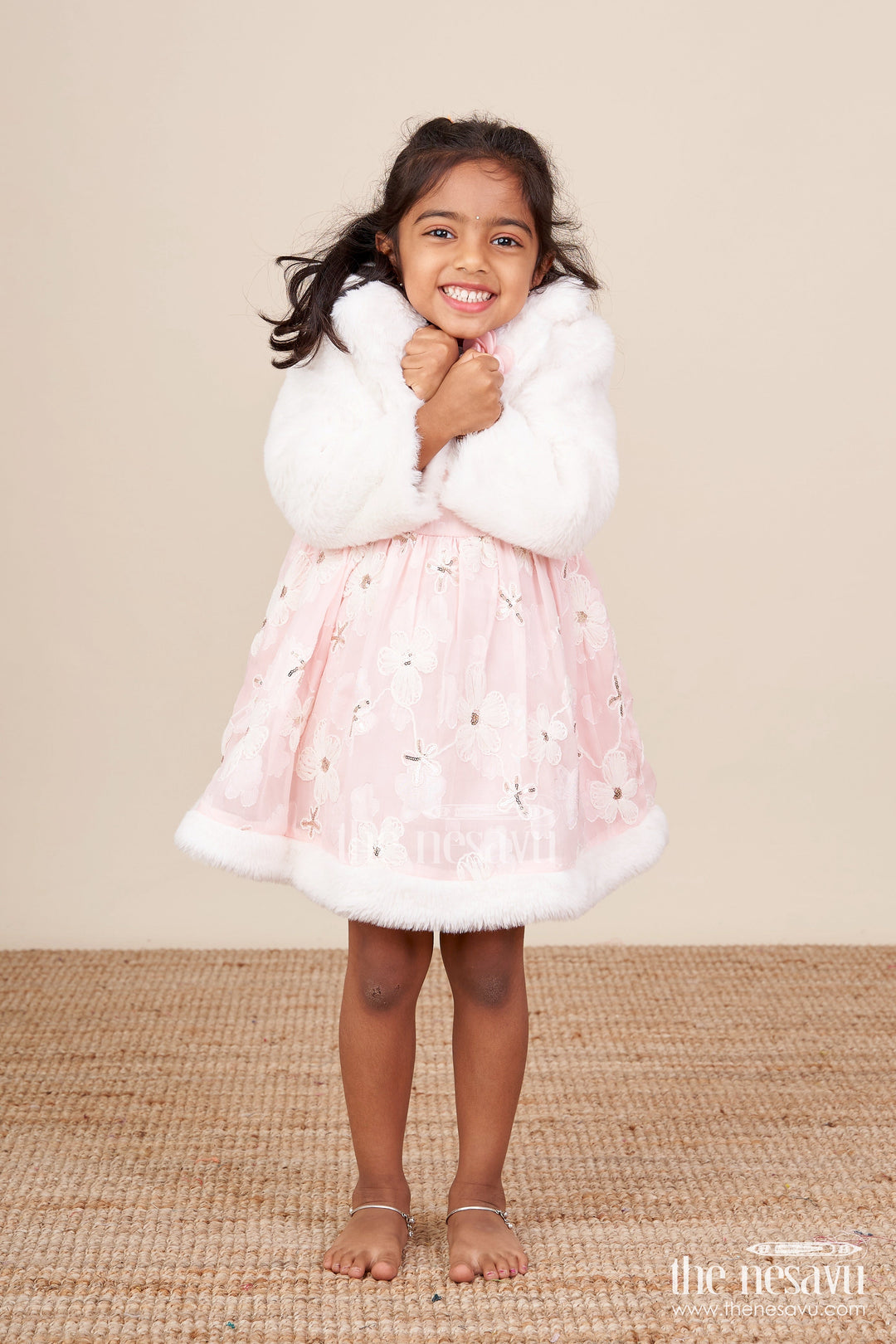 The Nesavu Baby Fancy Frock Baby Girl Chiffon Embroidered Frock with Fur Jacket for Winter Functions Nesavu Nesavu baby girl chiffon frock embroidery fur jacket  perfect winter party dress