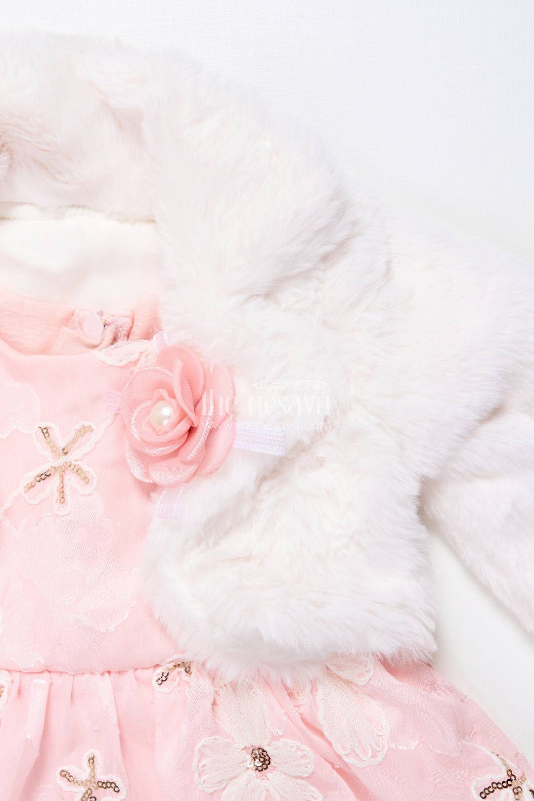 The Nesavu Baby Fancy Frock Baby Girl Chiffon Embroidered Frock with Fur Jacket for Winter Functions Nesavu Nesavu baby girl chiffon frock embroidery fur jacket  perfect winter party dress