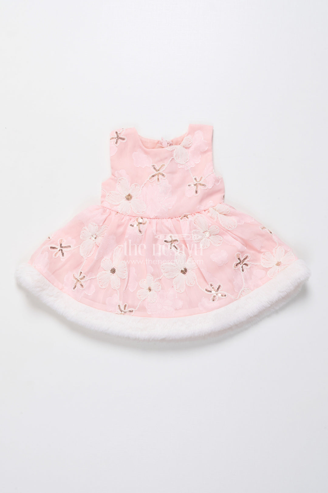 The Nesavu Baby Fancy Frock Baby Girl Chiffon Embroidered Frock with Fur Jacket for Winter Functions Nesavu Nesavu baby girl chiffon frock embroidery fur jacket  perfect winter party dress