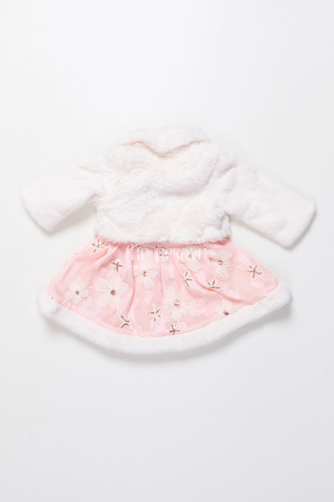 The Nesavu Baby Fancy Frock Baby Girl Chiffon Embroidered Frock with Fur Jacket for Winter Functions Nesavu Nesavu baby girl chiffon frock embroidery fur jacket  perfect winter party dress