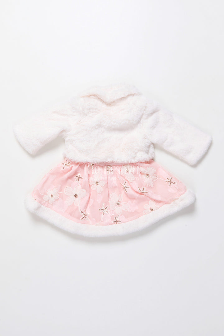 The Nesavu Baby Fancy Frock Baby Girl Chiffon Embroidered Frock with Fur Jacket for Winter Functions Nesavu Nesavu baby girl chiffon frock embroidery fur jacket  perfect winter party dress