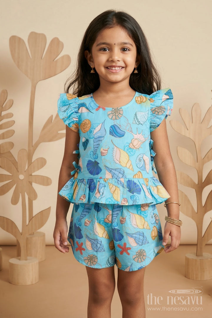 The Nesavu Girls Co-Ord Sets Baby Girl Co Ord Set for Summer Outings and Playtime for Toddler Nesavu 16 (1Y) / Blue / Cotton GCS023A-16 Nesavu baby girl cotton co ord set for toddler summer outings and playtime with seashell digital print