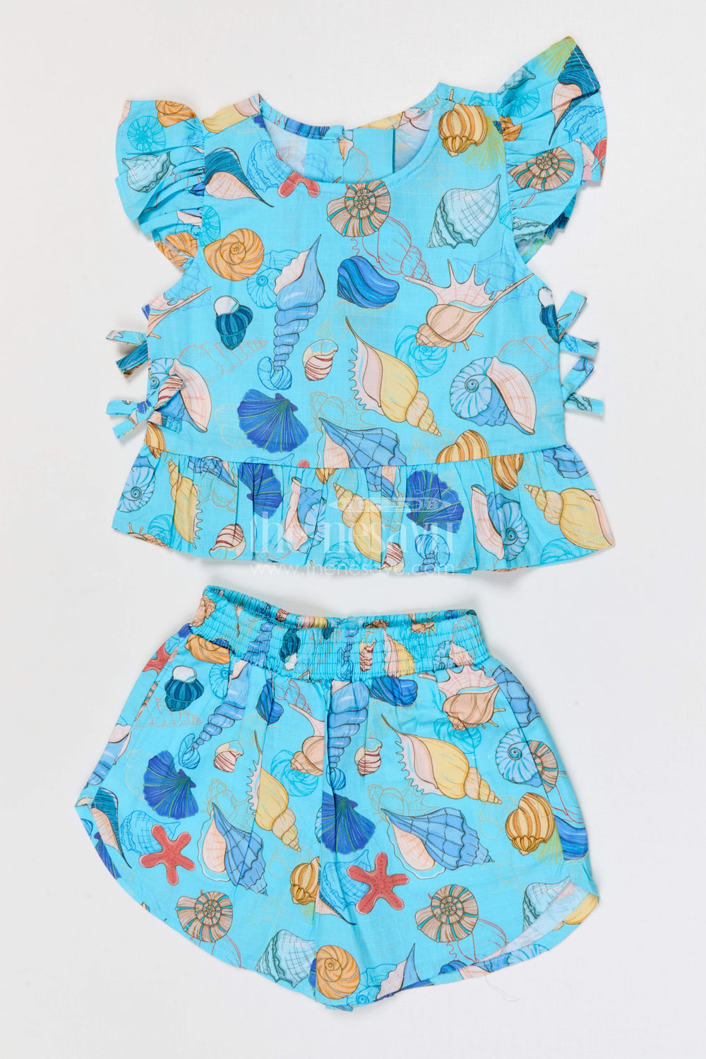 The Nesavu Girls Co-Ord Sets Baby Girl Co Ord Set for Summer Outings and Playtime for Toddler Nesavu Nesavu baby girl cotton co ord set for toddler summer outings and playtime with seashell digital print
