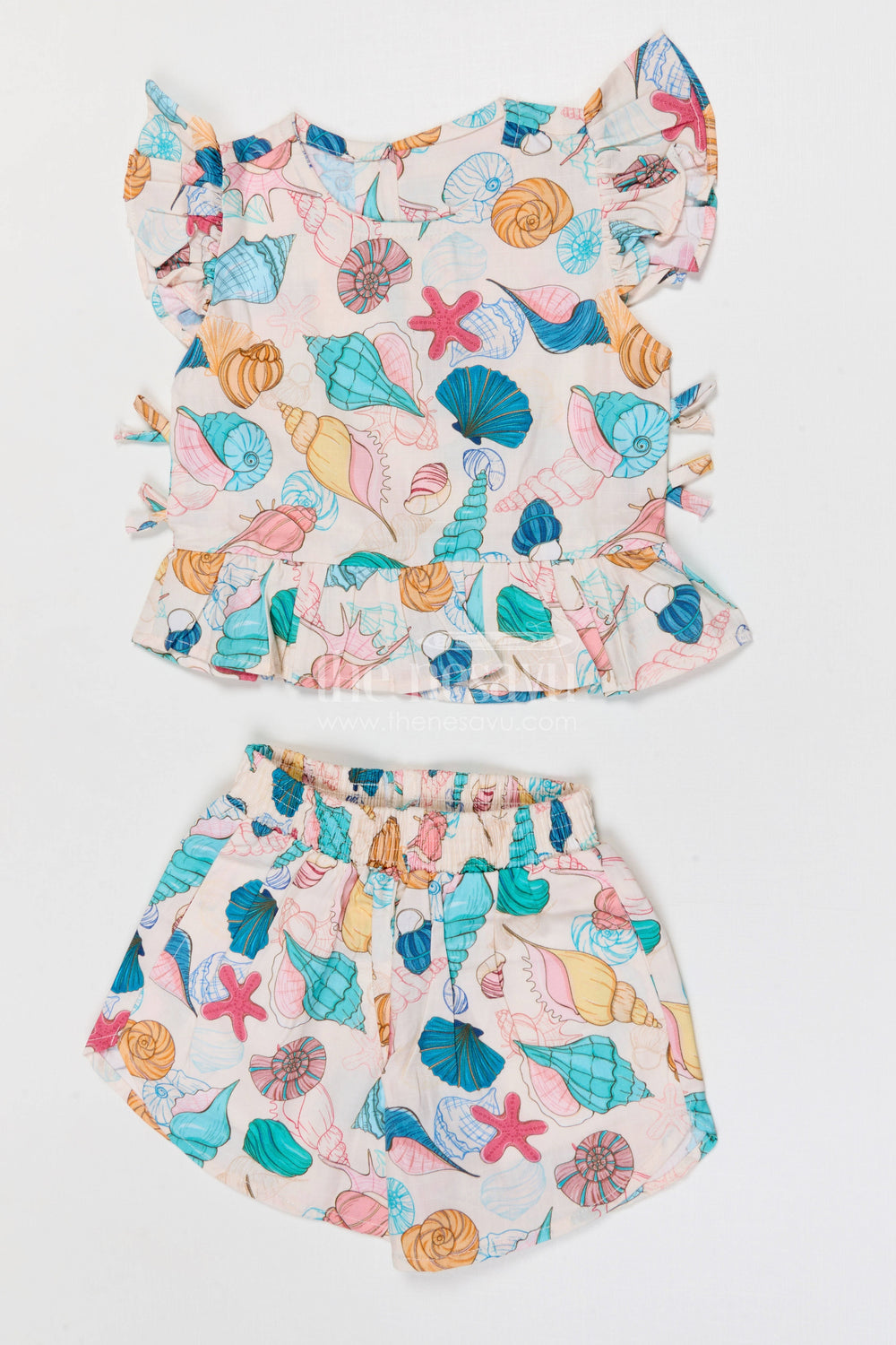 The Nesavu Girls Co-Ord Sets Baby Girl Co Ord Set for Toddler Outings and Summer Play Nesavu Nesavu baby girl cotton co ord set for toddler summer play and outings with ocean inspired digital print