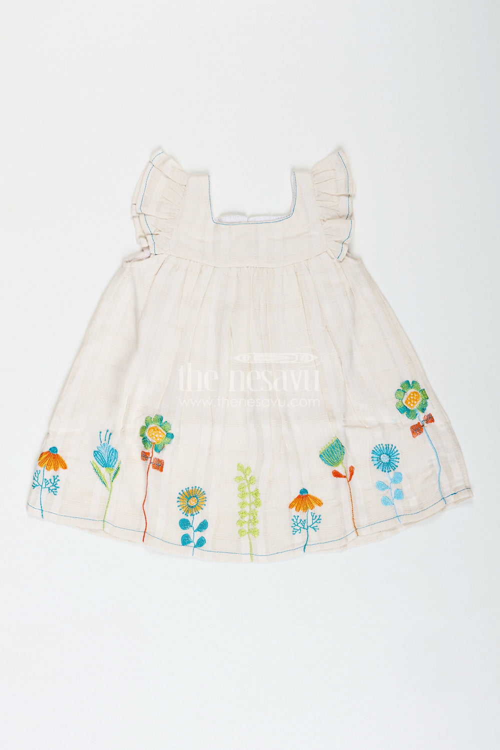 The Nesavu Baby Cotton Frocks Baby Girl Cotton Dress with Floral Embroidery Nesavu 10 (NB) / Green BFJ833A-10 Nesavu Baby Girl Sleeveless Cotton Dress Green Floral Thread Embroidery Soft Ruffles