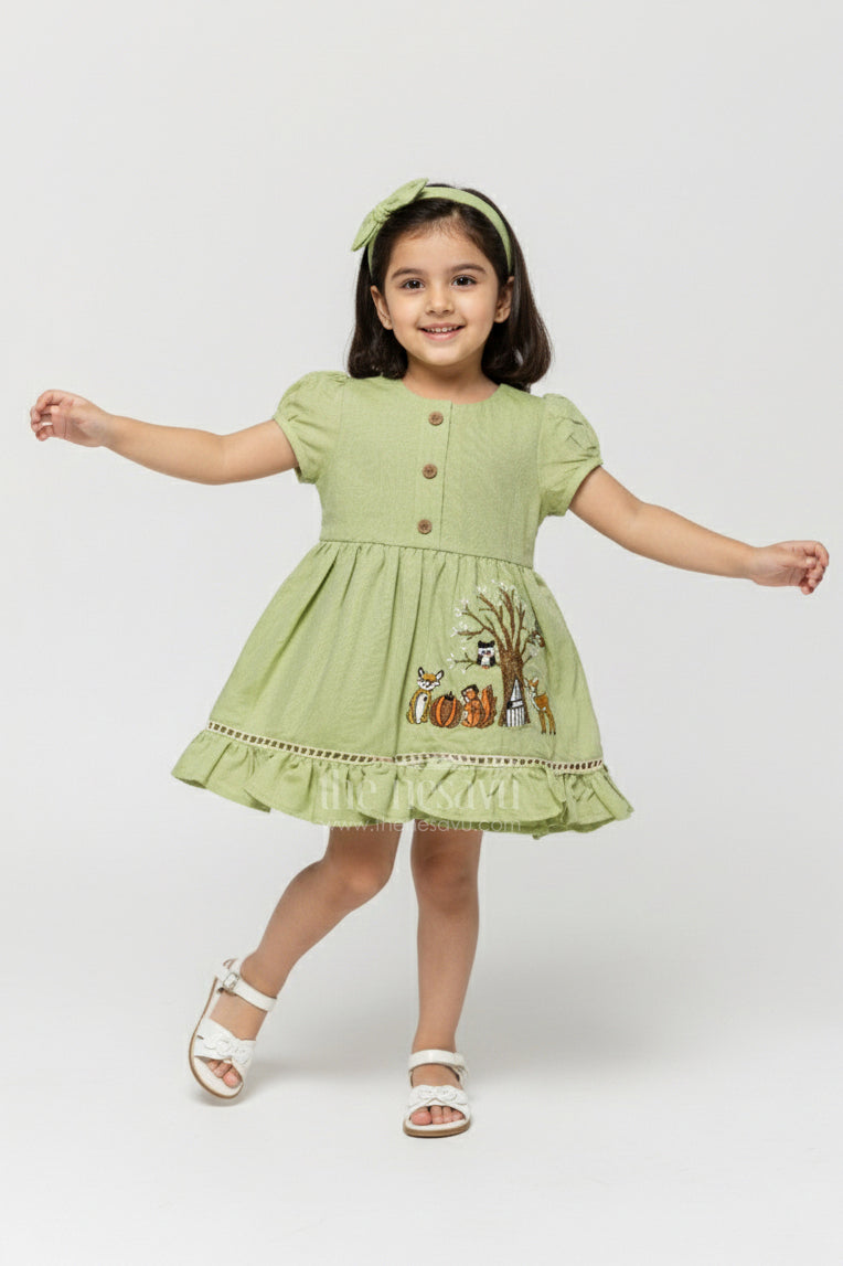 The Nesavu Girls Cotton Frock Baby Girl Cotton Frock for Casual Wear and Playtime Nesavu 16 (1Y) / Green GFC1913A-16 Nesavu baby girl cotton frock embroidered motifs casual outings playtime wear