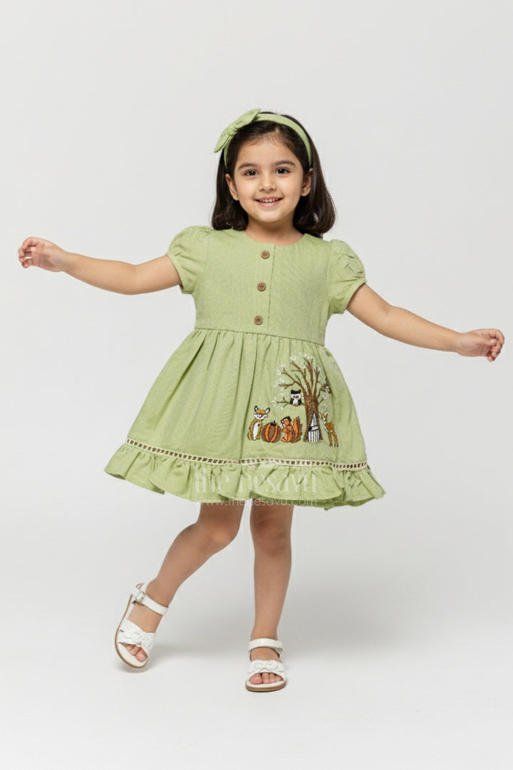 The Nesavu Girls Cotton Frock Baby Girl Cotton Frock for Casual Wear and Playtime Nesavu 16 (1Y) / Green GFC1913A-16 Nesavu baby girl cotton frock embroidered motifs casual outings playtime wear