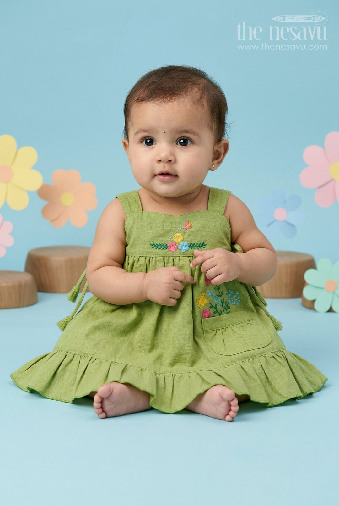 The Nesavu Baby Frocks Baby Girl Cotton Frock for Daily Wear and Casual Outings Nesavu 14 (6M) / Green / Cotton BFJ988A-14 Nesavu Baby Girl Green Cotton Frock With Thread Embroidery And Frill Hem For Daily Wear And Casual Outings