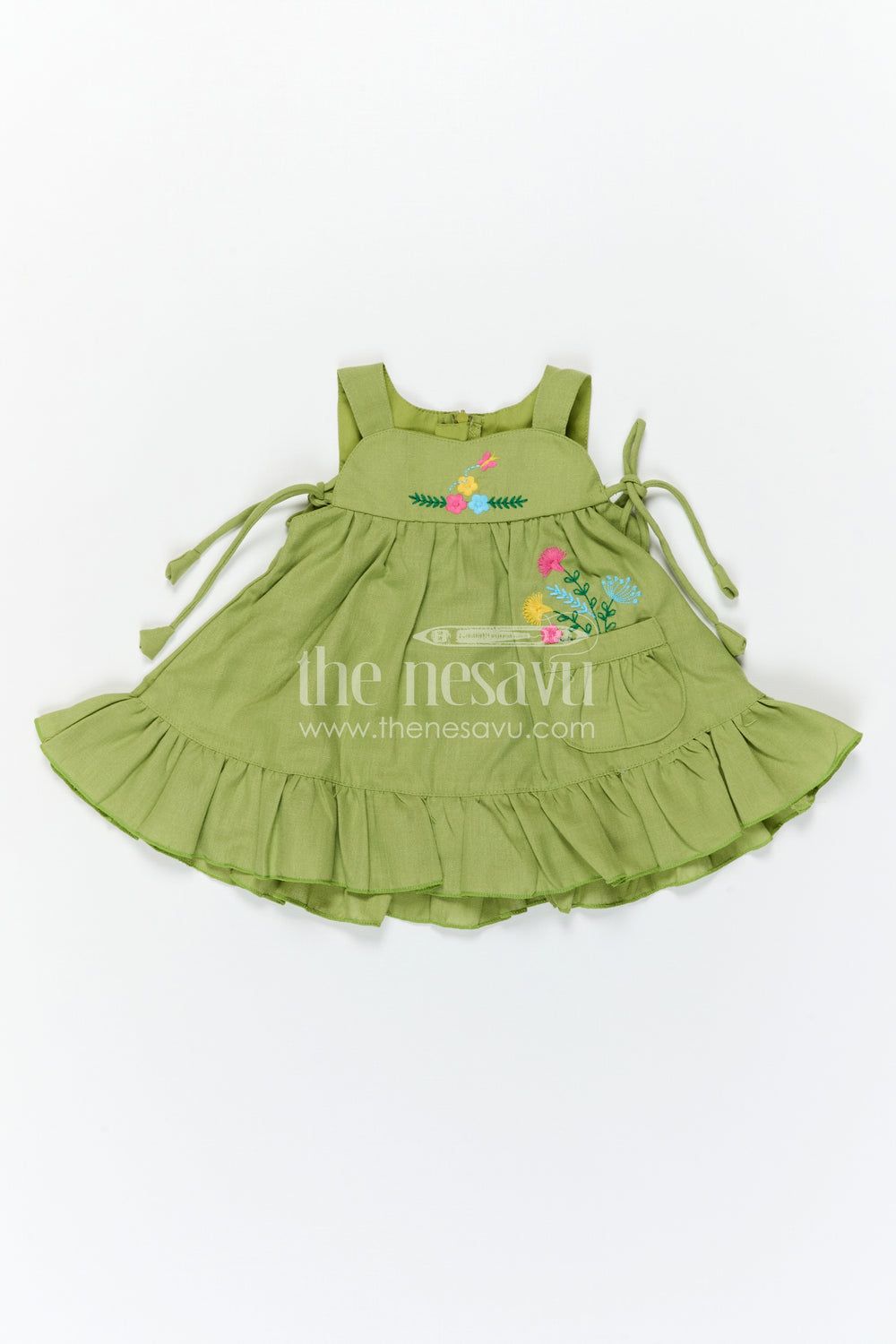 The Nesavu Baby Frocks Baby Girl Cotton Frock for Daily Wear and Casual Outings Nesavu Nesavu Baby Girl Green Cotton Frock With Thread Embroidery And Frill Hem For Daily Wear And Casual Outings