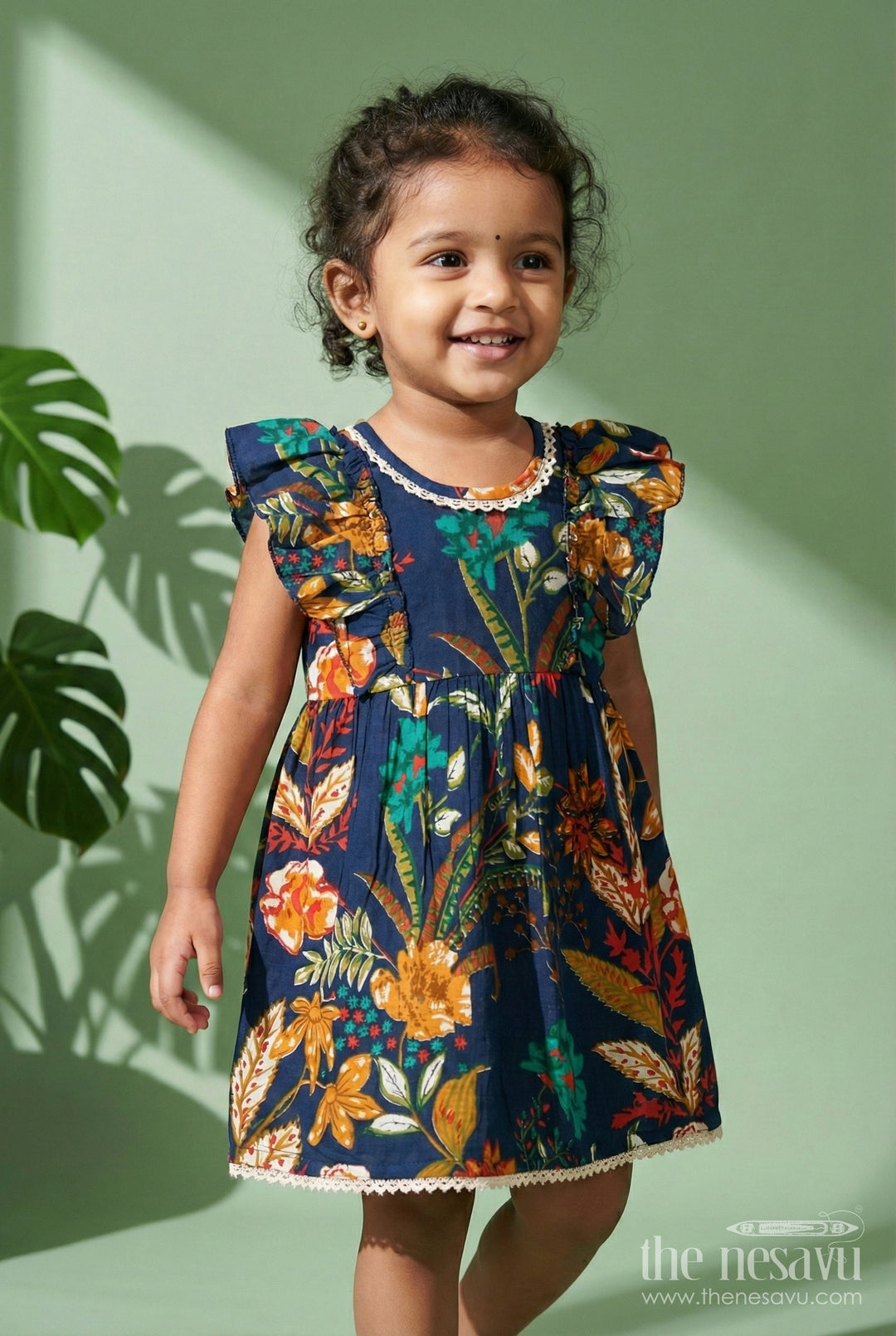 The Nesavu Girls Cotton Frock Baby Girl Cotton Frock for Everyday Play and Outings Nesavu 16 (1Y) / Blue GFC1962A-16 Nesavu baby girl cotton frock dark floral print  casual outfit outings everyday play