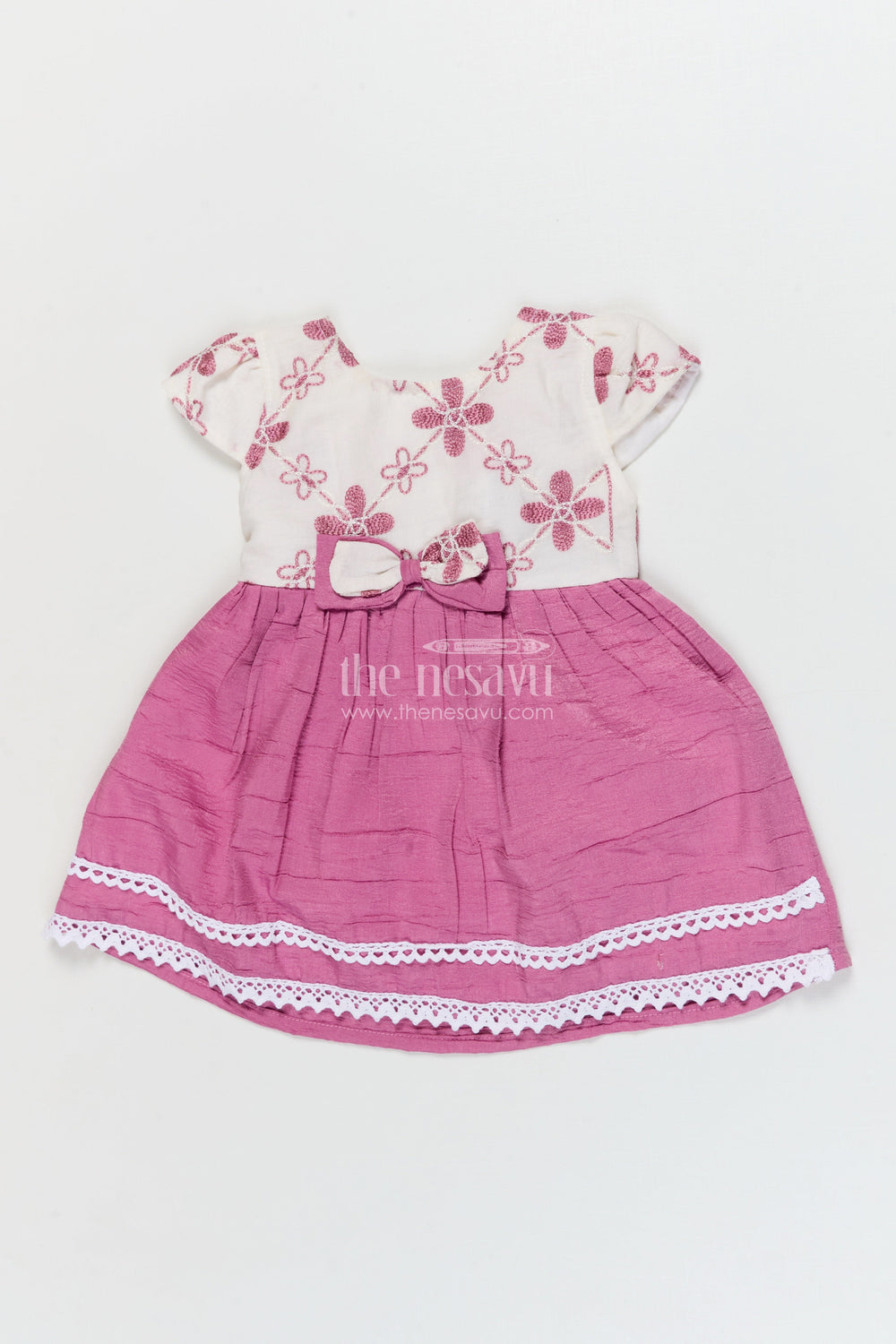 The Nesavu Baby Cotton Frocks Baby Girl Cotton Frock for Family Outings and Casual Celebrations Nesavu 14 (6M) / Pink / Cotton BFJ923B-14 Nesavu cotton frock for baby girls with floral embroidery and lace trim – ideal for family functions