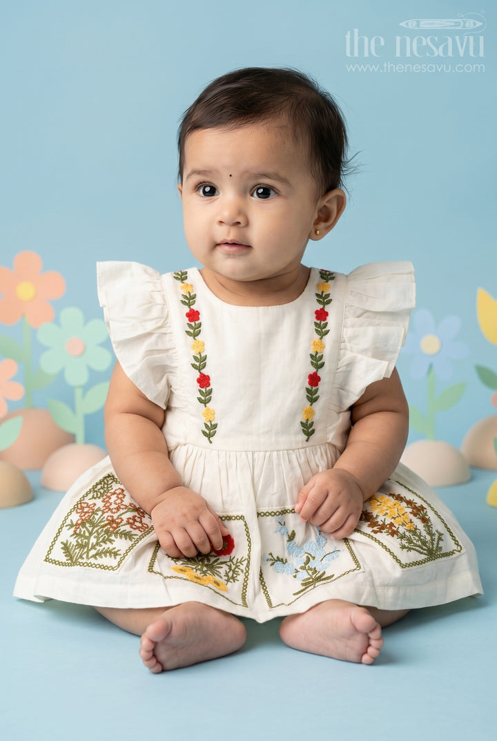 The Nesavu Baby Cotton Frocks Baby Girl Cotton Frock for Festive Wear and Small Functions Nesavu 14 (6M) / Cream / Cotton BFJ1006A-14 Nesavu Baby Girl Cotton Frock For Festive Wear With Thread Embroidery Sleeveless Ethnic Style Dress