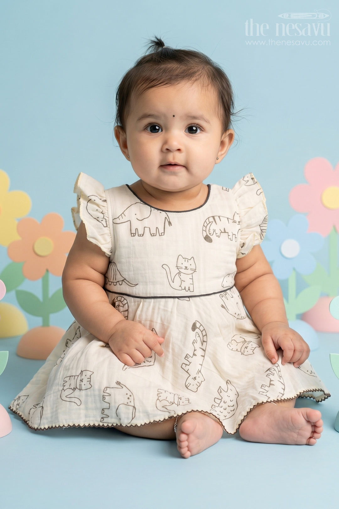 The Nesavu Baby Cotton Frocks Baby Girl Cotton Frock for Outings and Comfortable Daily Wear Nesavu 14 (6M) / Cream / Muslin Cotton BFJ999A-14 Nesavu Baby Girl Cotton Frock For Outings And Daily Wear With Muslin Digital Print Soft Breathable Design