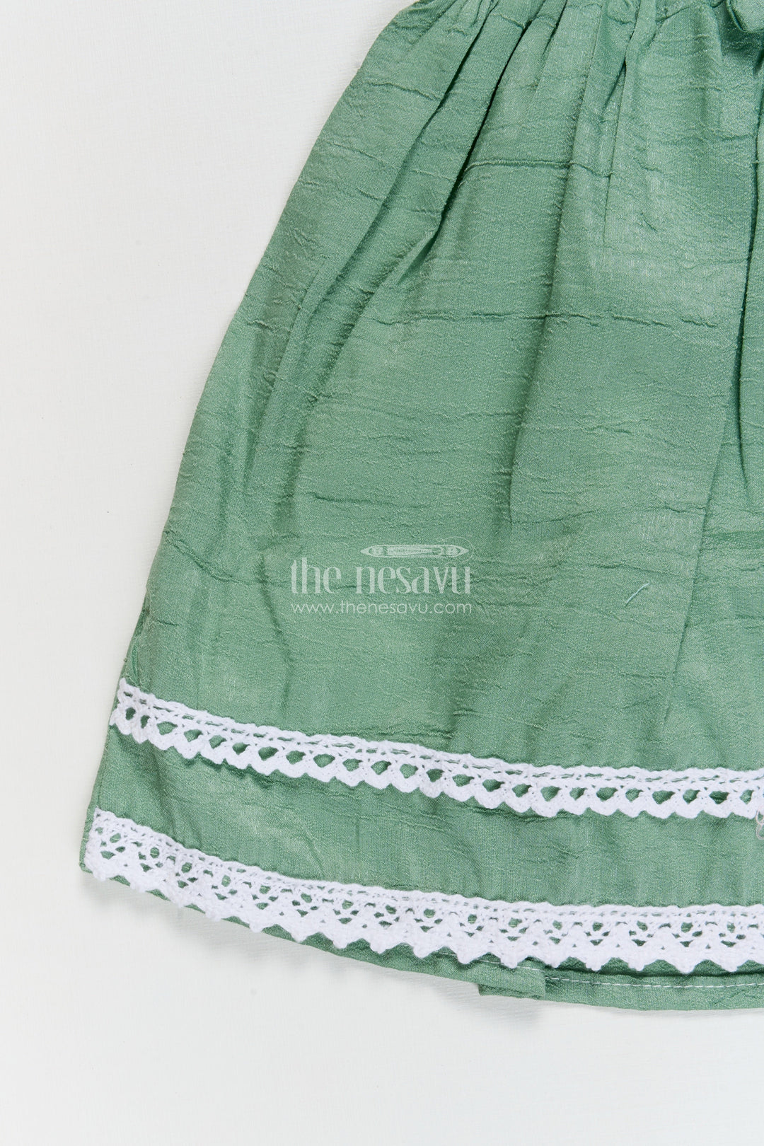 The Nesavu Baby Cotton Frocks Baby Girl Cotton Frock for Park Visits and Everyday Wear Nesavu 14 (6M) / Green / Cotton BFJ923A-14 Nesavu short-sleeved cotton frock for baby girls with floral embroidery and lace trim