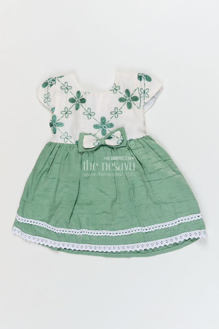 The Nesavu Baby Cotton Frocks Baby Girl Cotton Frock for Park Visits and Everyday Wear Nesavu 14 (6M) / Green / Cotton BFJ923A-14 Nesavu short-sleeved cotton frock for baby girls with floral embroidery and lace trim