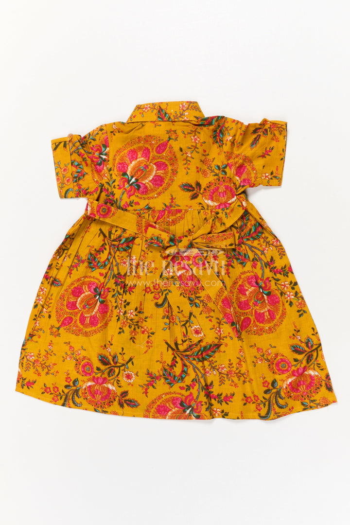 The Nesavu Girls Cotton Frock Baby Girl Cotton Frock for School Functions and Casual Festive Wear Nesavu Nesavu yellow cotton frock for baby girls with collar and floral print – ideal for festive school wear