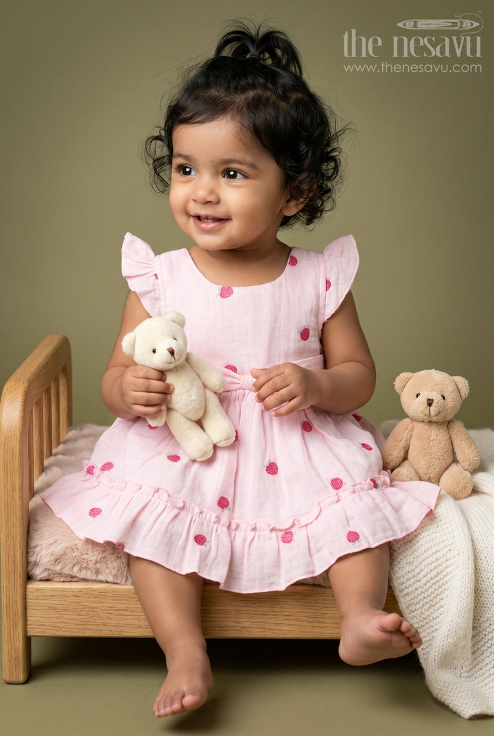 The Nesavu Baby Cotton Frocks Baby Girl Cotton Frock for Summer Outings and First Birthdays Nesavu 14 (6M) / Pink / Muslin Cotton BFJ1010A-14 Nesavu Baby Girl Muslin Cotton Frock With Thread Embroidery For Birthdays And Summer Outings