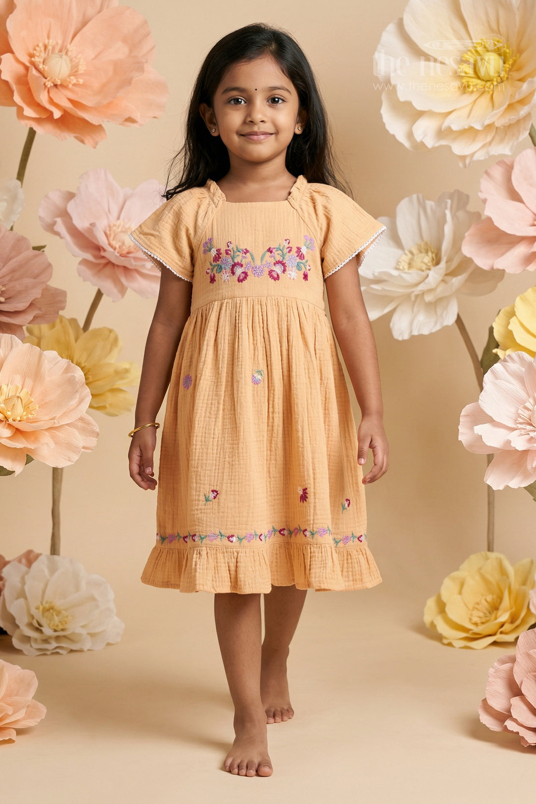 The Nesavu Girls Cotton Frock Baby Girl Cotton Frock for Summer Season and Daily Wear Nesavu 18 (2Y) / Beige / Muslin Cotton GFC2161B-18 Nesavu baby girl muslin cotton frock with thread embroidery for summer outings and daily wear
