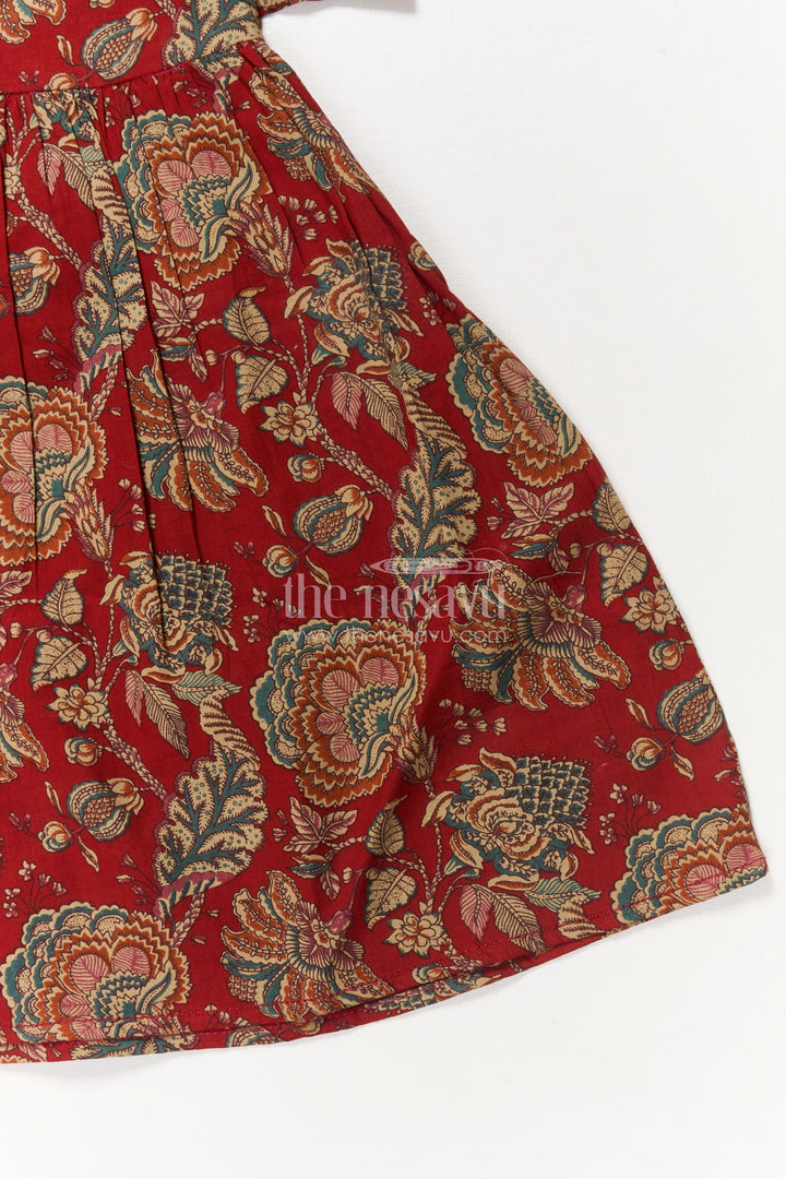 The Nesavu Girls Cotton Frock Baby Girl Cotton Frock for Traditional Occasions and Family Get-togethers Nesavu Nesavu maroon cotton frock for baby girls with floral print and collar – perfect for festive family moments