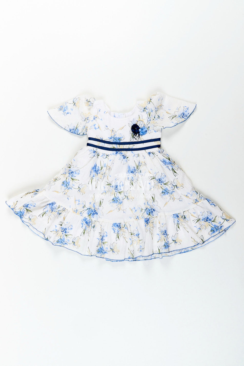 The Nesavu Girls Cotton Frock Baby girl cotton frock with blue floral print for summer outings Nesavu 20 (3Y) / Half white GFC1948B-20 Nesavu baby girl cotton frock with blue floral digital print perfect for summer playdates