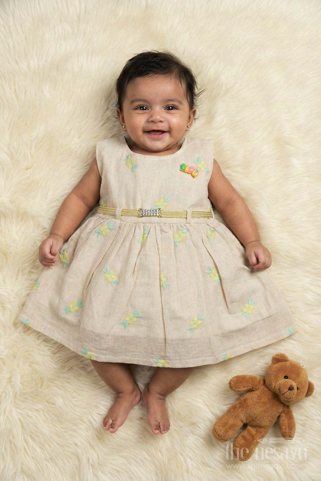 The Nesavu Baby Cotton Frocks Baby Girl Cotton Frock with Floral Embroidery and Belt for Festive Gatherings Nesavu 14 (6M) / Yellow BFJ889B-14 Nesavu baby girl cotton frock with floral thread embroidery and belt for festive family gatherings