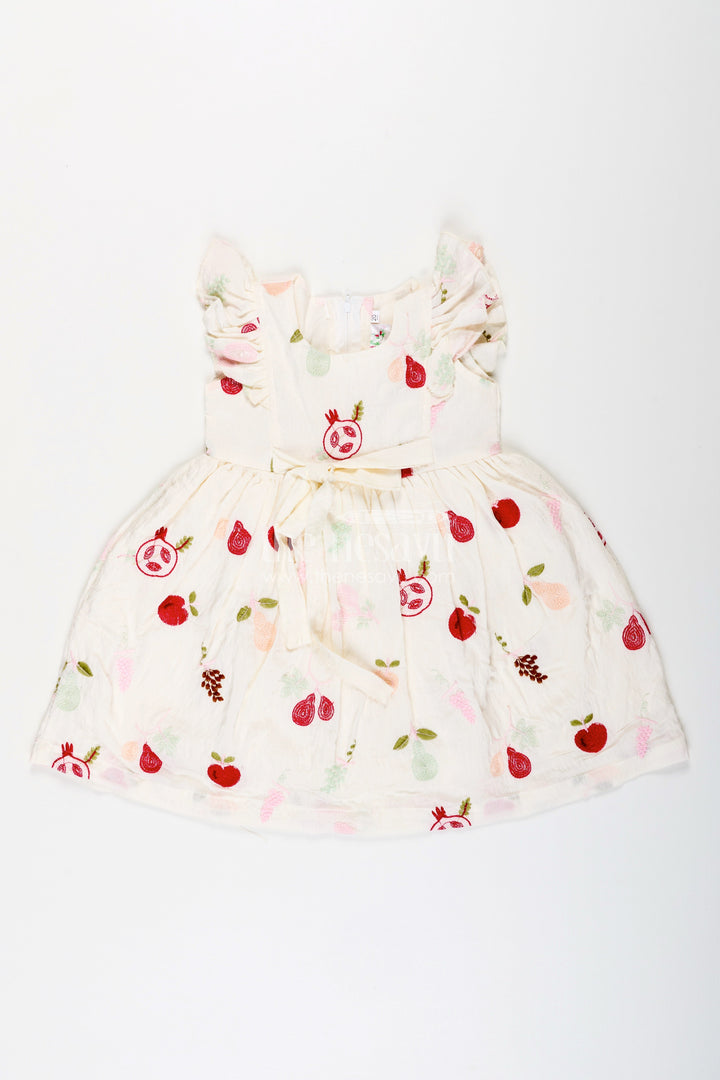 The Nesavu Girls Cotton Frock Baby Girl Cotton Frock with Fruit Embroidery for Casual Wear Nesavu 20 (3Y) / Cream GFC1935A-20 Nesavu baby girl cotton frock fruit embroidery ruffle sleeves daily dressing