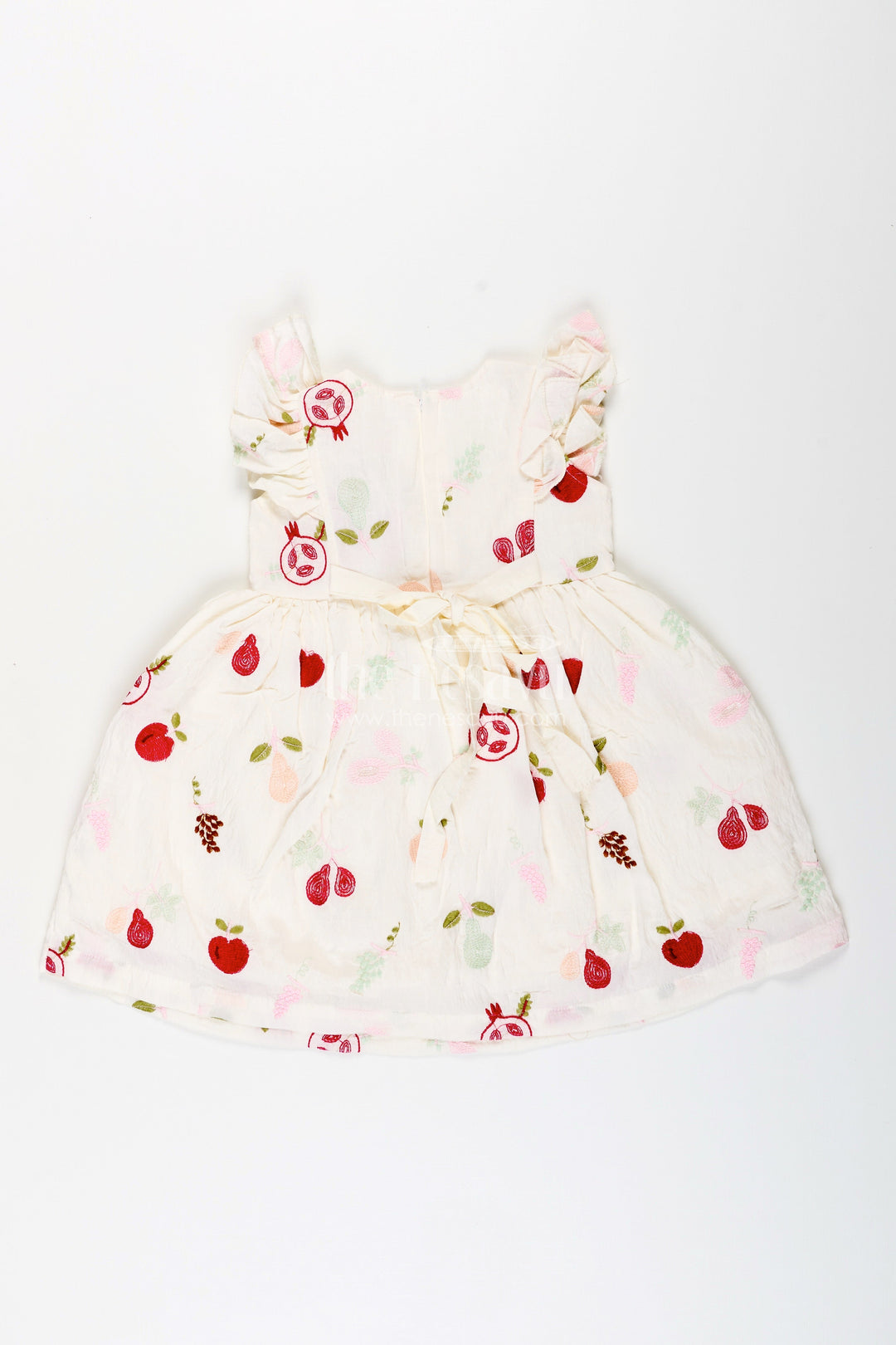 The Nesavu Girls Cotton Frock Baby Girl Cotton Frock with Fruit Embroidery for Casual Wear Nesavu Nesavu baby girl cotton frock fruit embroidery ruffle sleeves daily dressing