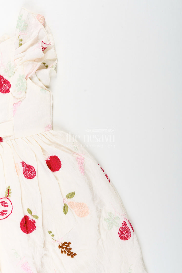 The Nesavu Girls Cotton Frock Baby Girl Cotton Frock with Fruit Embroidery for Casual Wear Nesavu Nesavu baby girl cotton frock fruit embroidery ruffle sleeves daily dressing