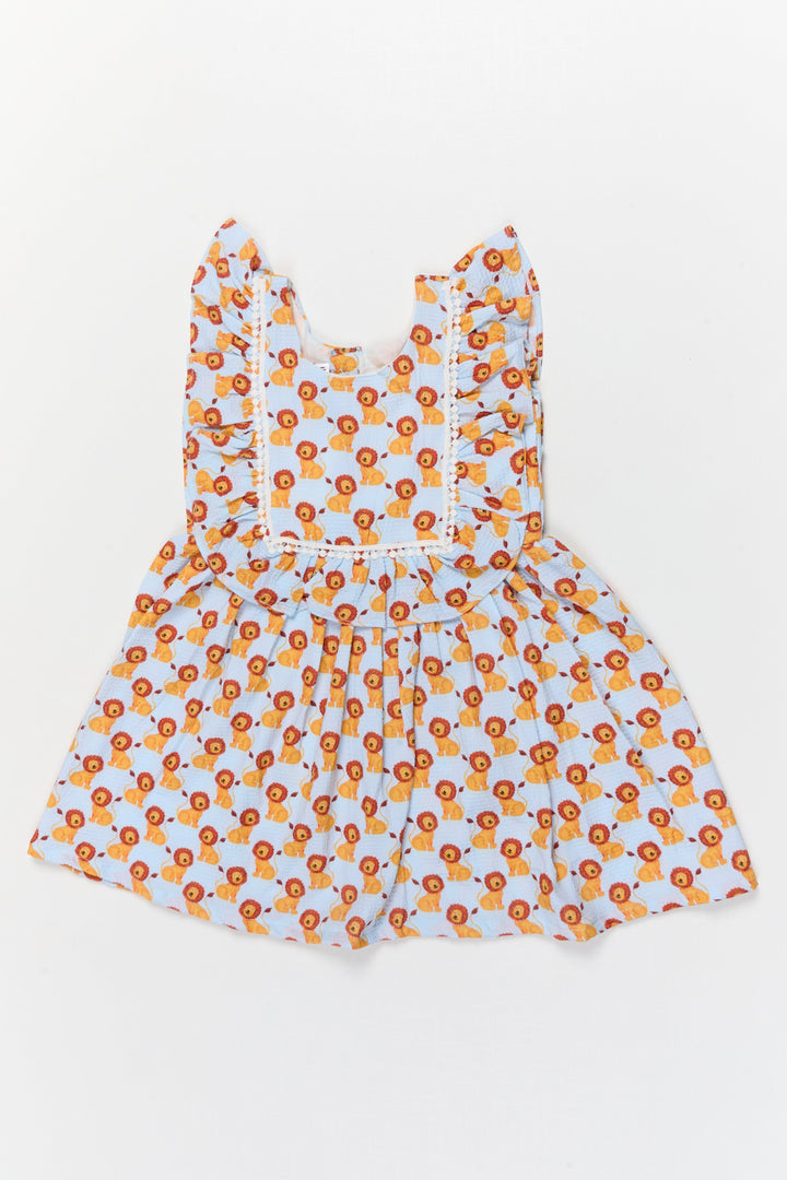 The Nesavu Girls Cotton Frock Baby Girl Cotton Frock with Lion Print for Casual Playtime and Daycare Nesavu 12 (3M) / Blue / Cotton Blend GFC2089A-12 Nesavu baby girl cotton frock with lion print for playdates and comfy daily wear