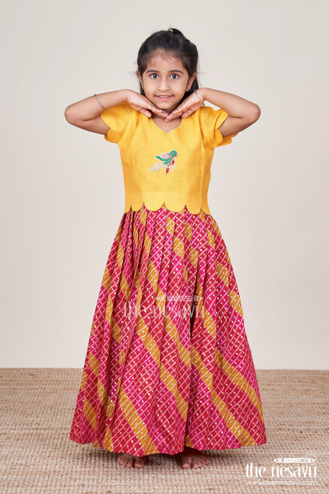 The Nesavu Pattu Pavadai Baby Girl Cotton Frock with Patch Yoke for Festive Dressing Nesavu 18 (2Y) / Yellow GPP327A-18 Nesavu baby girl cotton frock embellished yoke festive wear traditional occasions