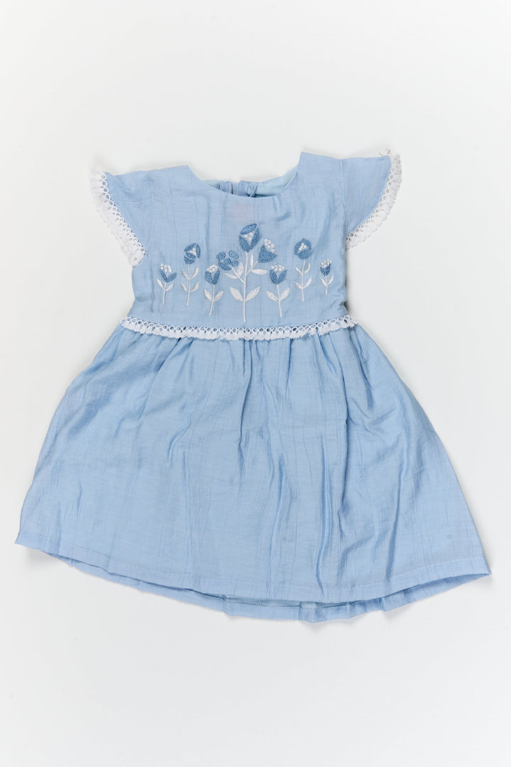The Nesavu Girls Cotton Frock Baby Girl Cotton Frock with Thread Embroidery for Outings and Playdates Nesavu 20 (3Y) / Blue / Cotton Blend GFC2116B-20 Nesavu baby girl cotton frock with thread embroidery for casual outings and summer playdates