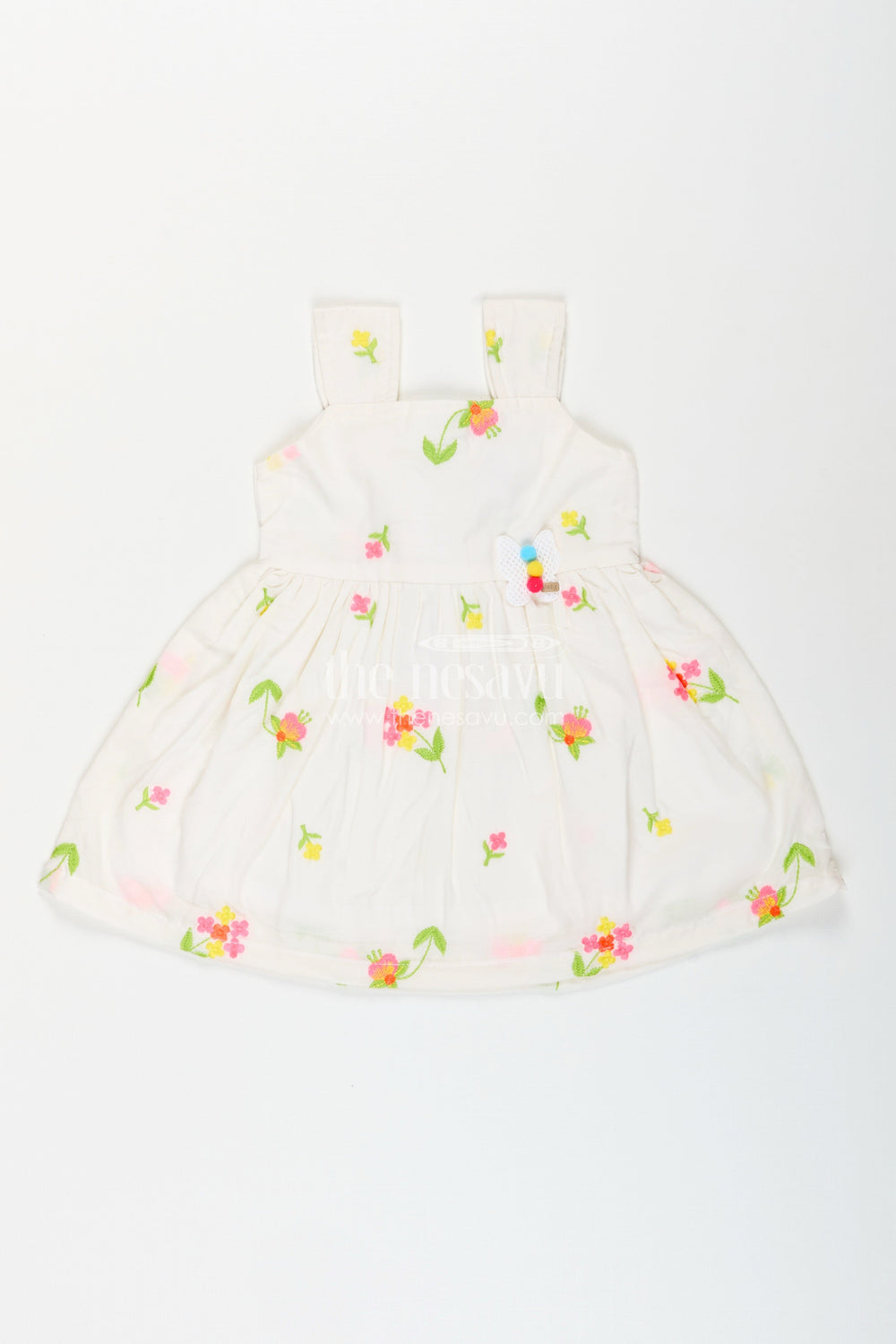 The Nesavu Baby Cotton Frocks Baby girl cotton frock with thread embroidery for summer outings Nesavu 14 (6M) / White BFJ855B-14 Nesavu sleeveless baby girl cotton frock with thread embroidery for summer and casual outings