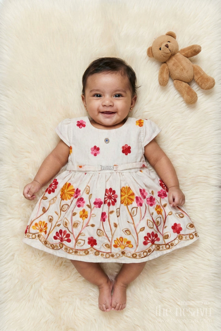 The Nesavu Baby Cotton Frocks Baby Girl Cotton Frock with Vibrant Thread Embroidery and Floral Design Nesavu 14 (6M) / Multicolor BFJ899B-14 Nesavu baby girl cotton frock with floral multicolor embroidery