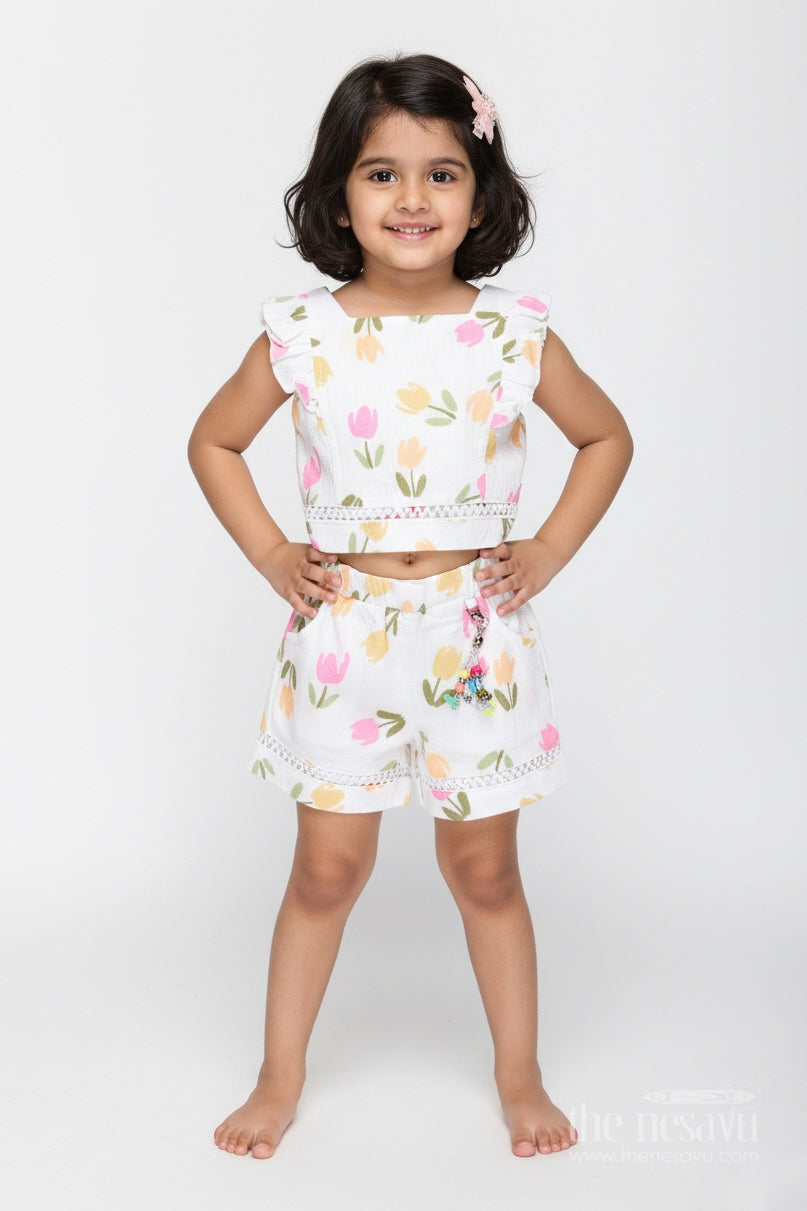 The Nesavu Baby Casual Sets Baby Girl Cotton Muslin Set with Floral Print for Summer Playdates Nesavu 16 (1Y) / White BFJ848A-16 Nesavu Baby Girl Cotton Muslin Set Floral Print Summer Casual Outfit Accessories
