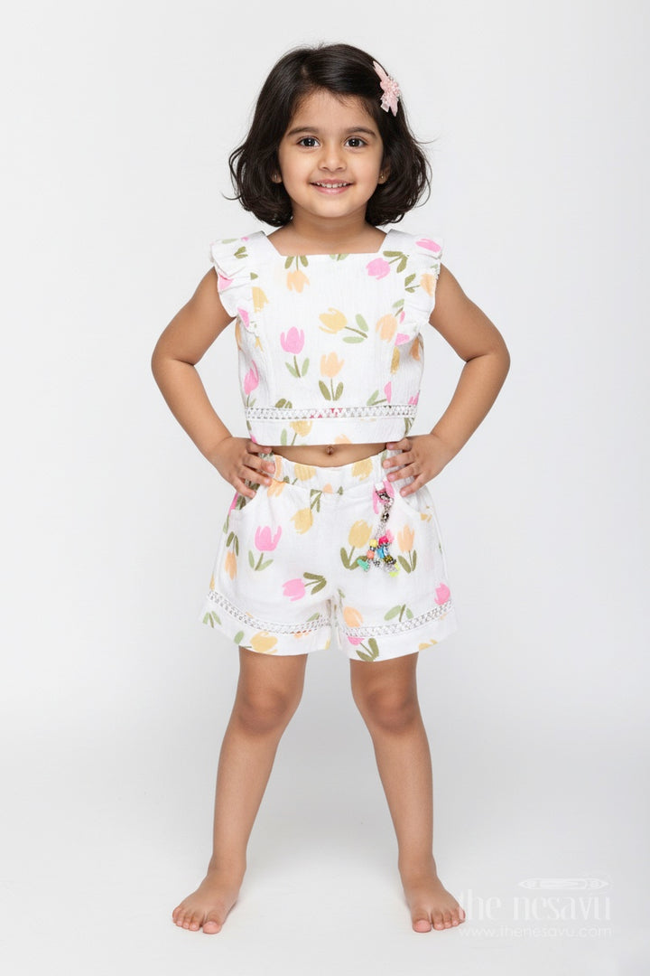 The Nesavu Baby Casual Sets Baby Girl Cotton Muslin Set with Floral Print for Summer Playdates Nesavu 16 (1Y) / White BFJ848A-16 Nesavu Baby Girl Cotton Muslin Set Floral Print Summer Casual Outfit Accessories