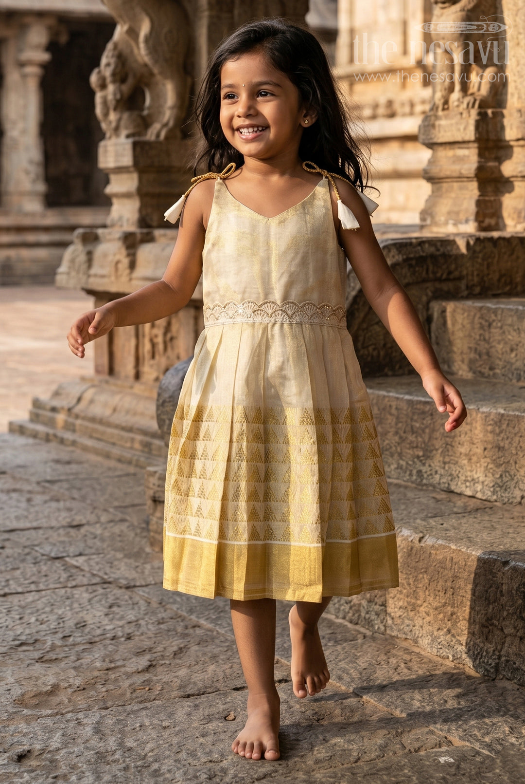 The Nesavu Tie-up Frock Baby Girl Cream Frock for Festive Family Celebrations Nesavu 20 (3Y) / Cream / Tissue T436B-20 Nesavu Baby Girl Cream Tissue Silk Frock With Woven Border For Festive Occasions