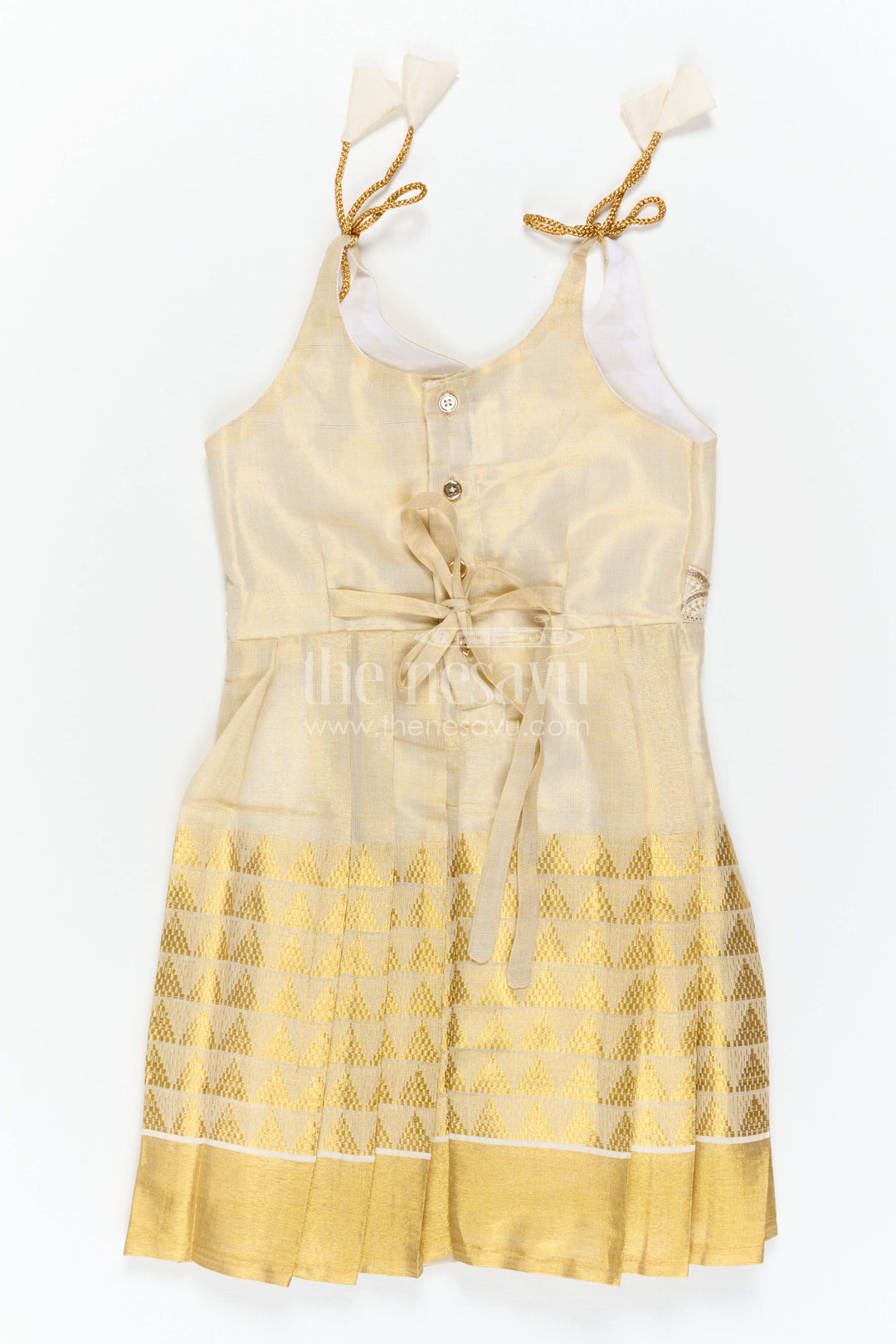The Nesavu Tie-up Frock Baby Girl Cream Frock for Festive Family Celebrations Nesavu Nesavu Baby Girl Cream Tissue Silk Frock With Woven Border For Festive Occasions
