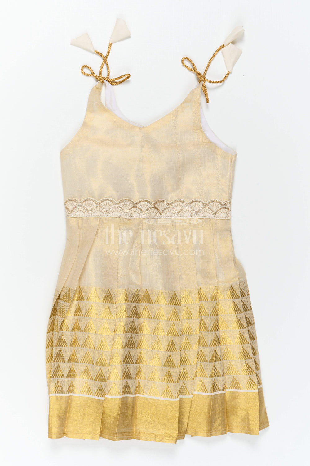 The Nesavu Tie-up Frock Baby Girl Cream Frock for Festive Family Celebrations Nesavu Nesavu Baby Girl Cream Tissue Silk Frock With Woven Border For Festive Occasions