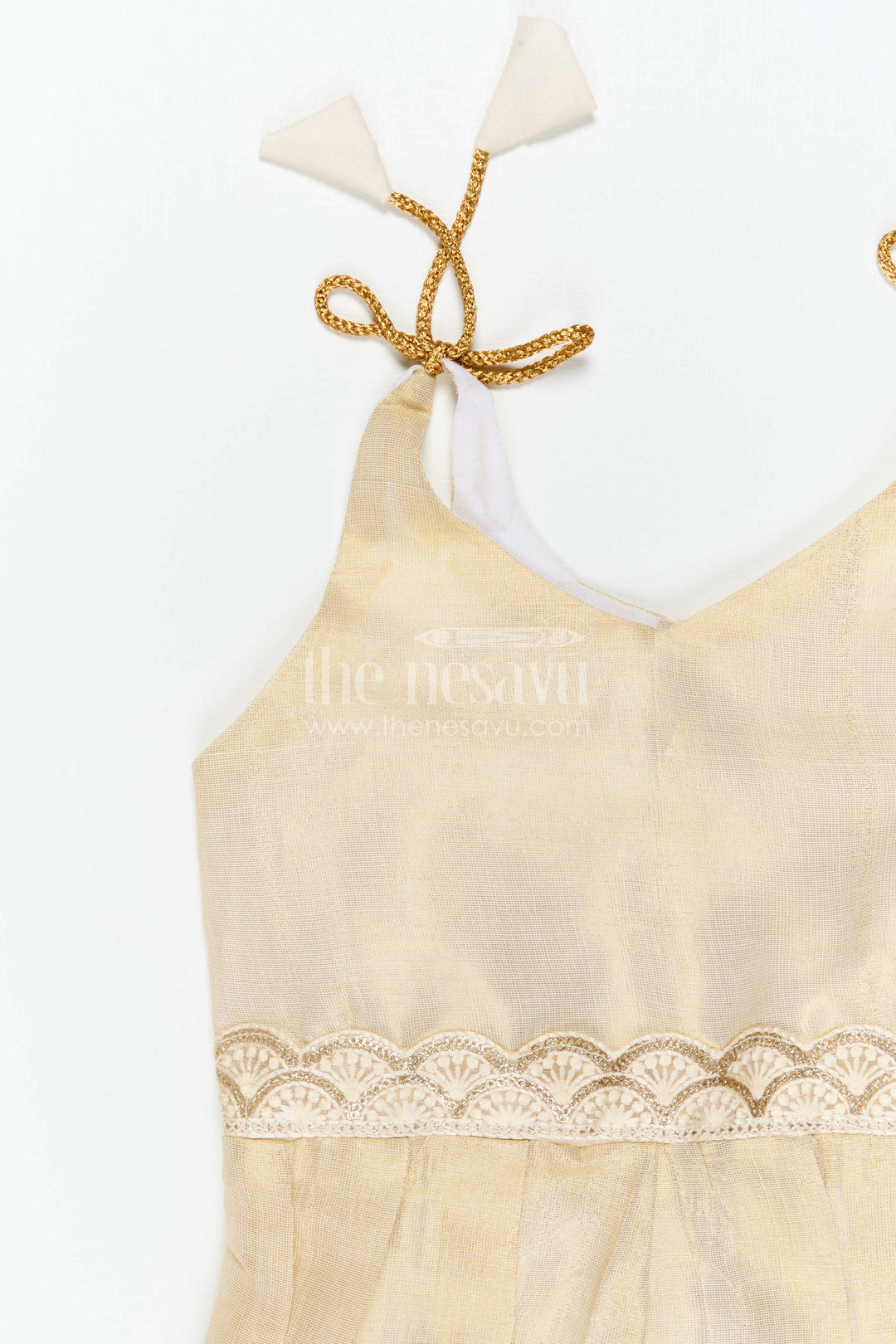 The Nesavu Tie-up Frock Baby Girl Cream Frock for Festive Family Celebrations Nesavu Nesavu Baby Girl Cream Tissue Silk Frock With Woven Border For Festive Occasions