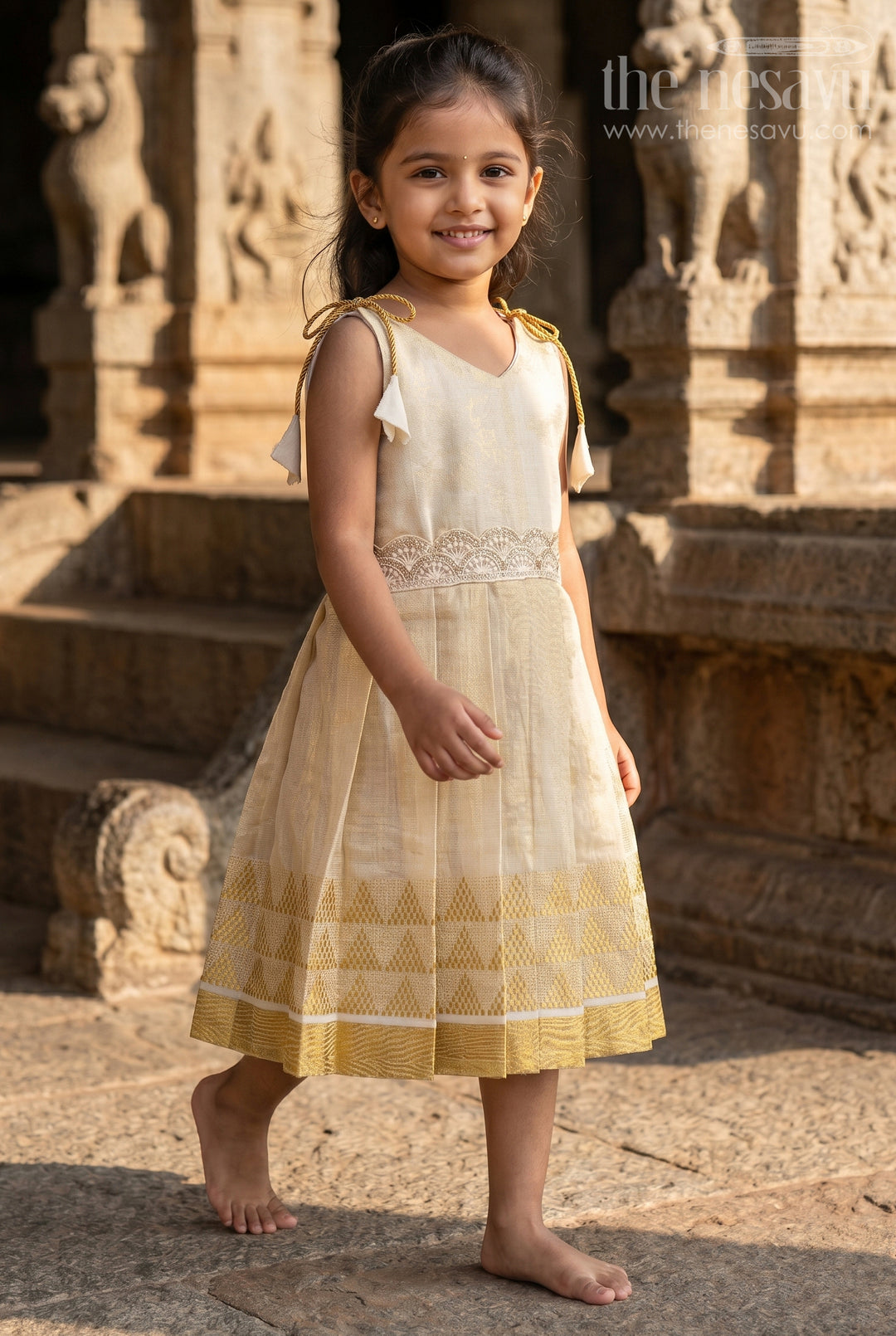 The Nesavu Tie-up Frock Baby Girl Cream Frock for Naming Ceremony and Parties Nesavu 16 (1Y) / Cream / Tissue T436A-16 Nesavu Baby Girl Cream Tissue Silk Frock With Big Border For Festive Celebrations