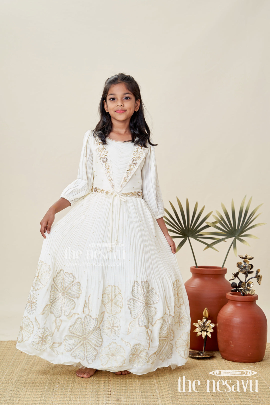 The Nesavu Girls Casual Gown Baby Girl Cream Gown for Festive Occasions Georgette Ethnic Dress with Floral Stone Embroidery Nesavu 24 (5Y) / Cream GA364B-24 Nesavu Baby Girl Cream Gown Festive Occasions Georgette Ethnic Dress Floral Stone Embroidery