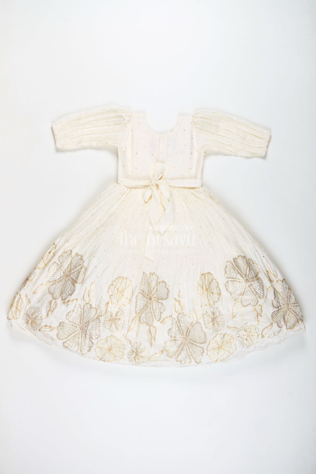 The Nesavu Girls Casual Gown Baby Girl Cream Gown for Festive Occasions Georgette Ethnic Dress with Floral Stone Embroidery Nesavu Nesavu Baby Girl Cream Gown Festive Occasions Georgette Ethnic Dress Floral Stone Embroidery