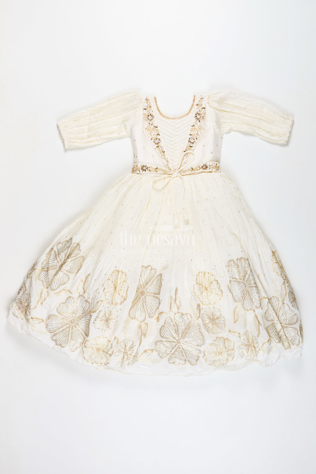 The Nesavu Girls Casual Gown Baby Girl Cream Gown for Festive Occasions Georgette Ethnic Dress with Floral Stone Embroidery Nesavu Nesavu Baby Girl Cream Gown Festive Occasions Georgette Ethnic Dress Floral Stone Embroidery