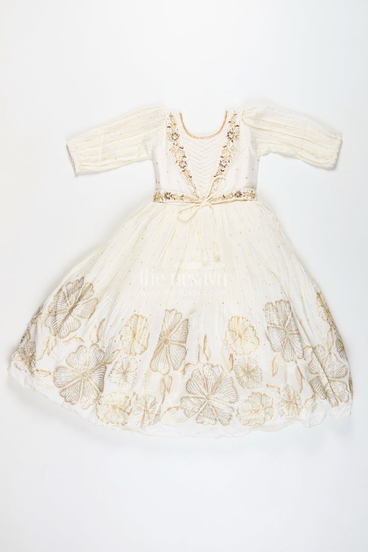The Nesavu Girls Casual Gown Baby Girl Cream Gown for Festive Occasions Georgette Ethnic Dress with Floral Stone Embroidery Nesavu Nesavu Baby Girl Cream Gown Festive Occasions Georgette Ethnic Dress Floral Stone Embroidery