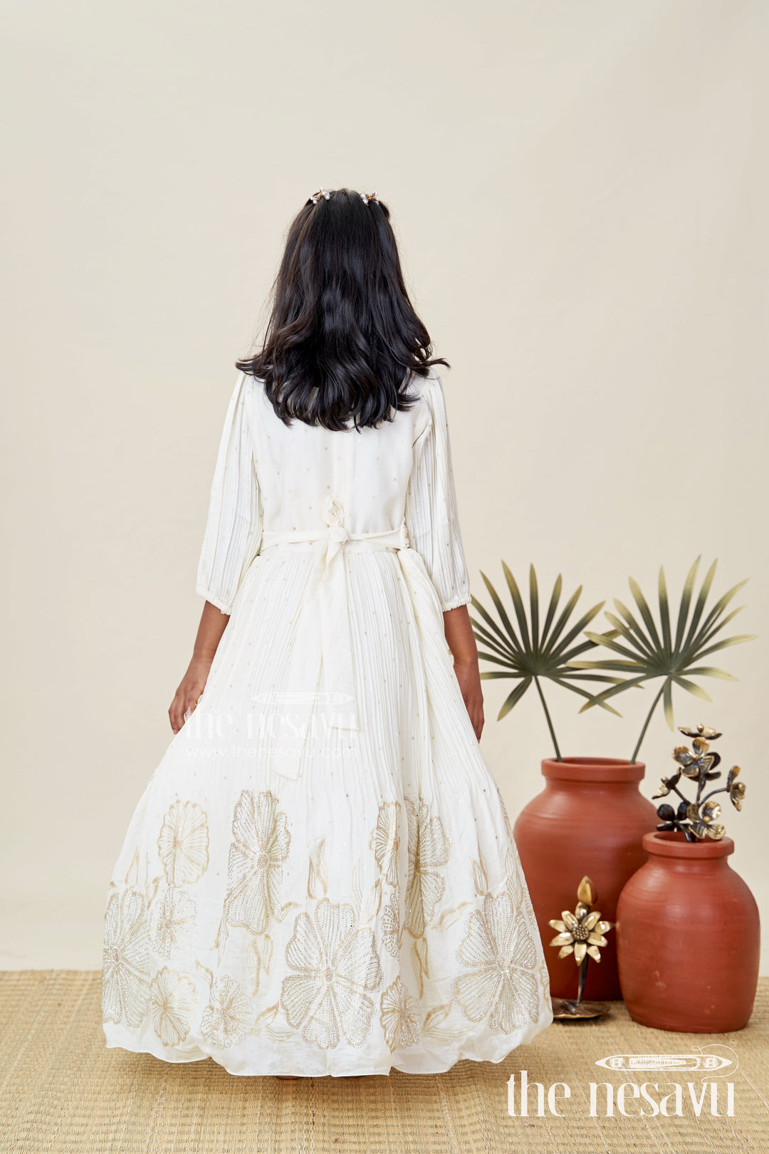The Nesavu Girls Casual Gown Baby Girl Cream Gown for Festive Occasions Georgette Ethnic Dress with Floral Stone Embroidery Nesavu Nesavu Baby Girl Cream Gown Festive Occasions Georgette Ethnic Dress Floral Stone Embroidery