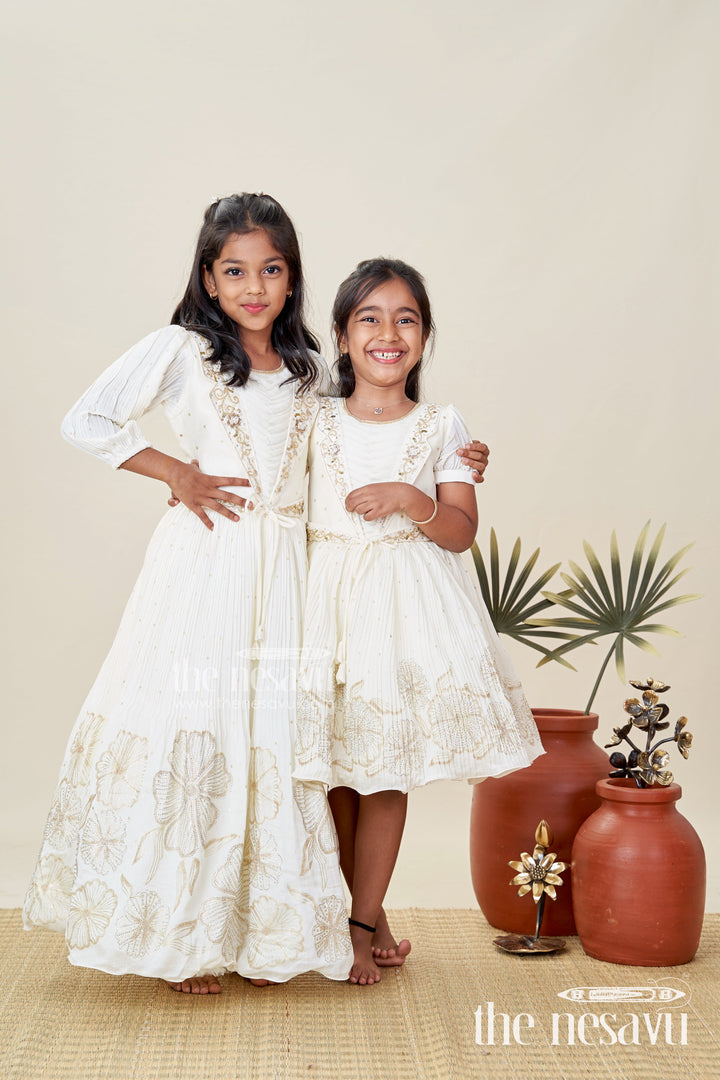 The Nesavu Girls Casual Gown Baby Girl Cream Gown for Festive Occasions Georgette Ethnic Dress with Floral Stone Embroidery Nesavu Nesavu Baby Girl Cream Gown Festive Occasions Georgette Ethnic Dress Floral Stone Embroidery