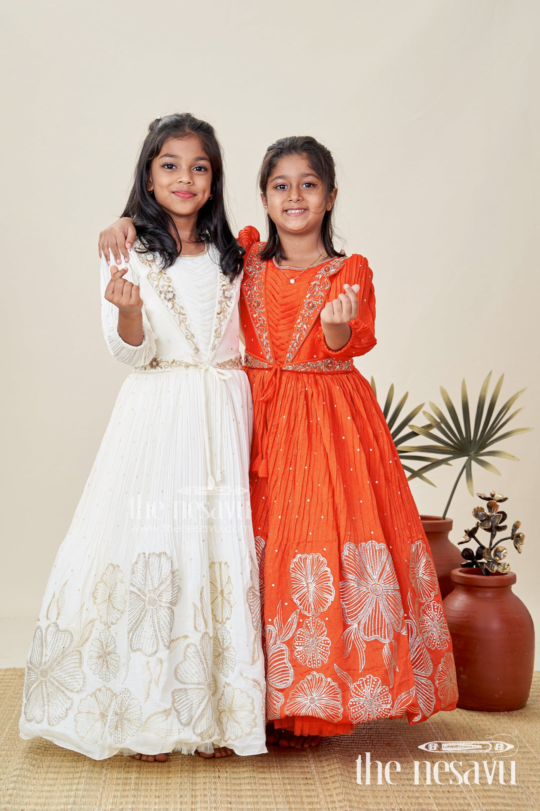 The Nesavu Girls Casual Gown Baby Girl Cream Gown for Festive Occasions Georgette Ethnic Dress with Floral Stone Embroidery Nesavu Nesavu Baby Girl Cream Gown Festive Occasions Georgette Ethnic Dress Floral Stone Embroidery